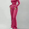 Round Neck Long Sleeve Fitted Top & Straight-Leg Pants Set in Ruby