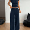 Solid Color Stand Collar Pleated Top and Wide Leg Pants Two Piece Set