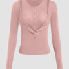Round Neck Slim Fit Straight Hem Full Sleeve Top in Rose