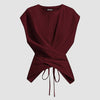 Cinched Waist Wrap Style Tie-Back Cap Sleeve Short Length in Merlot