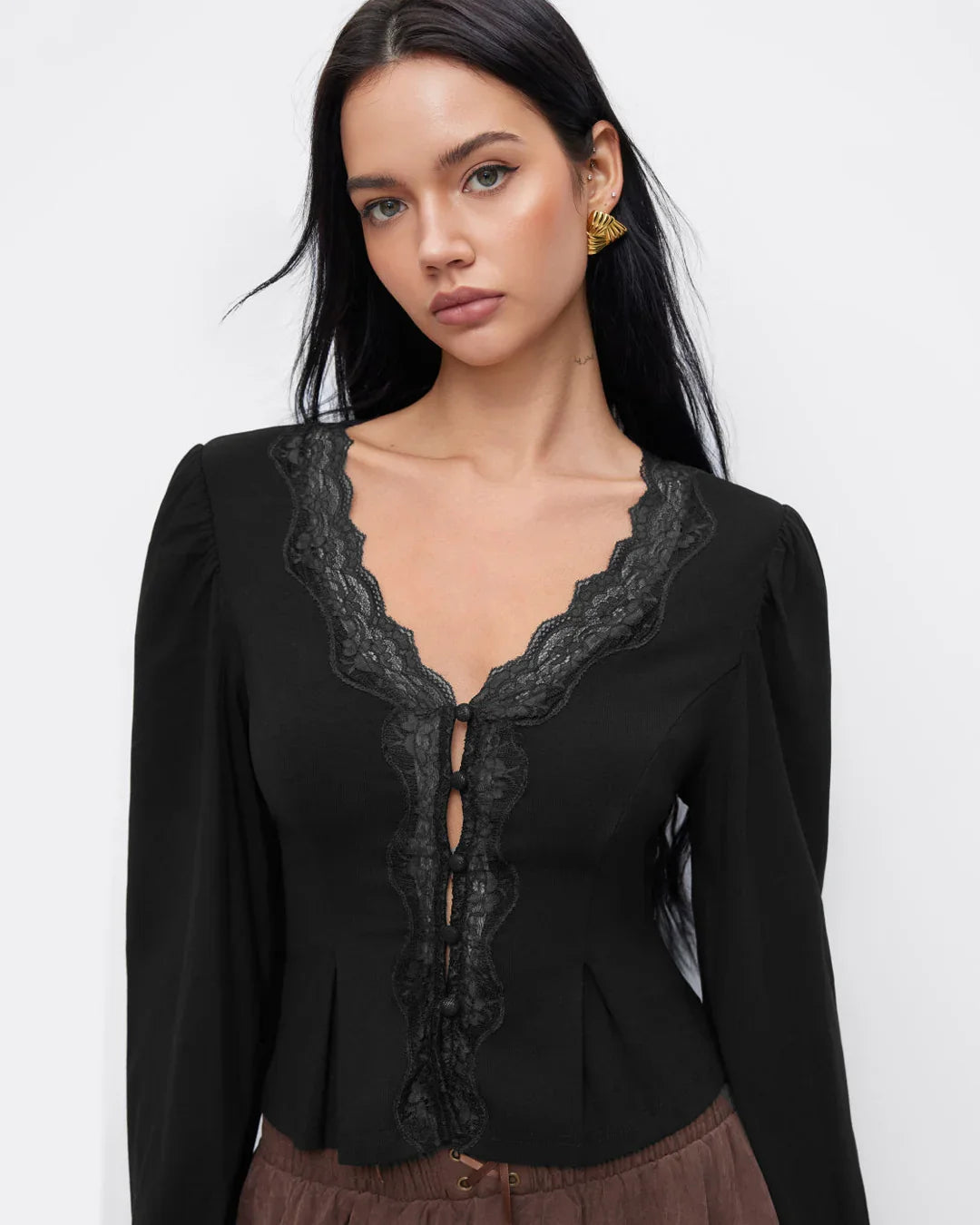 V-neck Long Sleeve Lace Trim Top in Black- Littlebox India