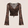 V-Neck Slim Fit Leopard Print Bell Sleeve Crop Top