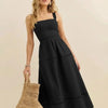 Smocked Back Strap Midi Dress in Black