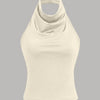 Halter Neck Slim-Fit Straight Hem Solid Sleeveless Crop Top in Beige