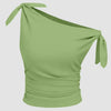 Linen-blend Asymmetrical Neck Ruched Knotted Top in Light Pista