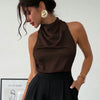 Satin Halter Neck Backless Tie Top in Coffee