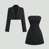 Cropped Blazer Jacket with Strapless Slim Fit Dress Two Piece Set in Black