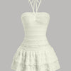 Solid Colour Textured Halter Neck Ruffle Hem Dress in Cream