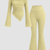 Ruched Long Sleeve Fitted Knit Top and Flare Pants Two Piece Set in French Vanilla