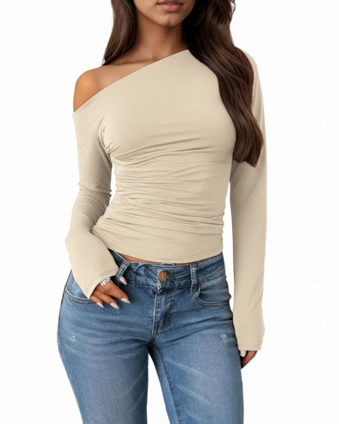 Asymmetric Neck Slim Fit Straight Hem Solid Full Sleeve Crop Top in Beige