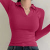 Collared V-Neck Slim Fit Solid Full Sleeve Crop Top in Ruby