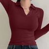 Collared V-Neck Slim Fit Solid Full Sleeve Crop Top in Maroon
