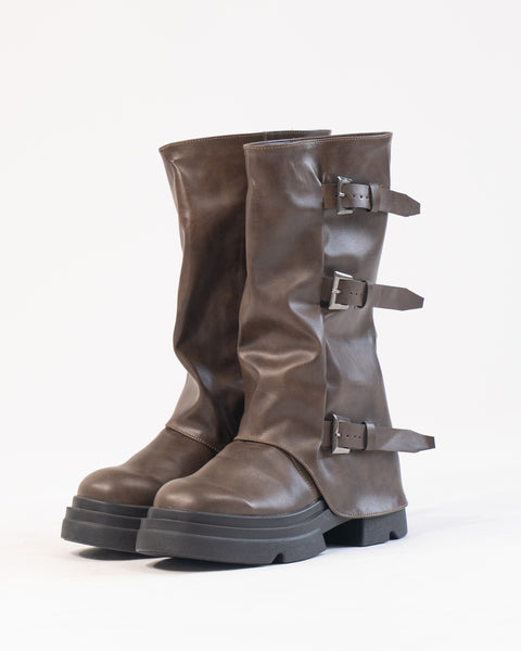 Brown Buckle Detail Chunky Sole Mid Calf Boots