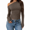 Asymmetric Neck Slim Fit Straight Hem Solid Full Sleeve Crop Top in Brown