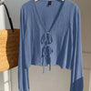 V-Neck Front Tie Long Sleeve Casual Lantern Sleeve Top in French Blue