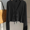 V-Neck Front Tie Long Sleeve Casual Lantern Sleeve Top in Black
