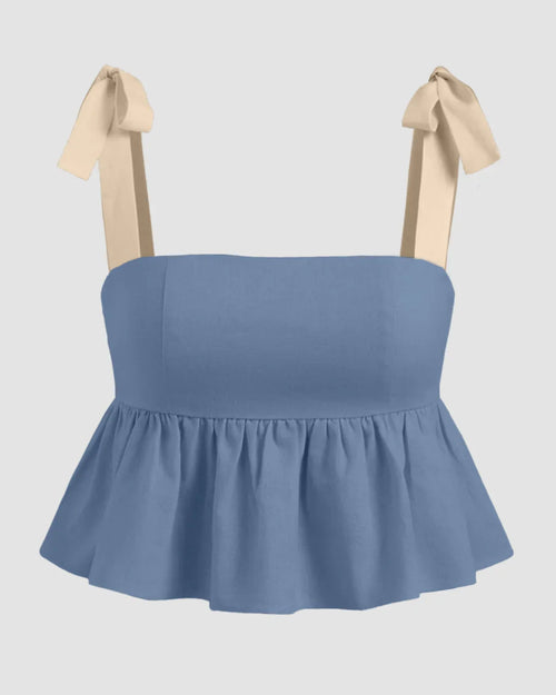 Linen-blend Bowknot Shirred Ruffle Hem Crop Tank Top in French Blue
