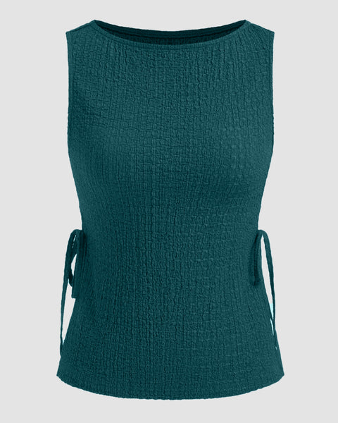 Boat Neck Texture Knotted Split Tank Top in Blue