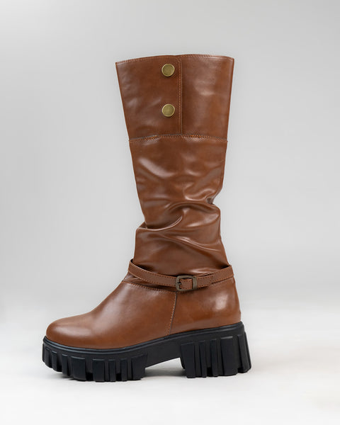 Chunky Fit Round Toe Buckle Knee High Boots in Brown