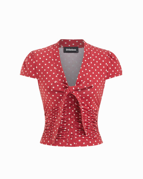 Polka Dot V-neck Puff Sleeve Bowknot Top