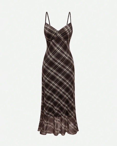 V-Neck Slim Fit Plaid Sleeveless Maxi Dress