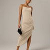 Square Neck Slim Fit Spaghetti Strap Sleeveless Midi Dress in Light Khaki