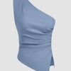 Asymmetrical Ruched Split Tank Top in French Blue