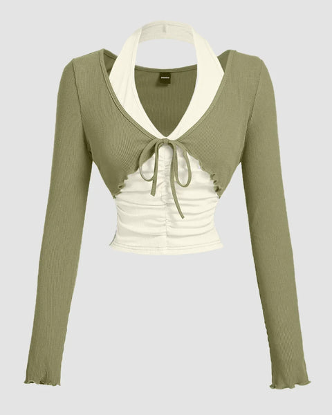 Halter Neck Straight Hem Full Sleeve 2-In-1 Crop Top in Sage