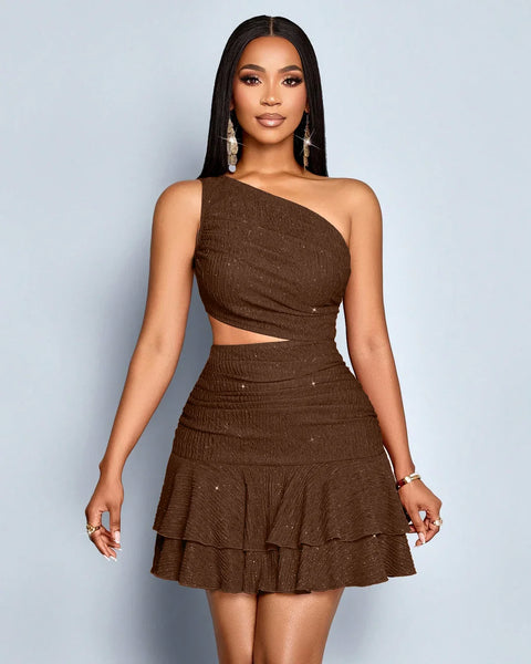 Asymmetrical Neck Glittered Sleeveless Mini Dress in Rust