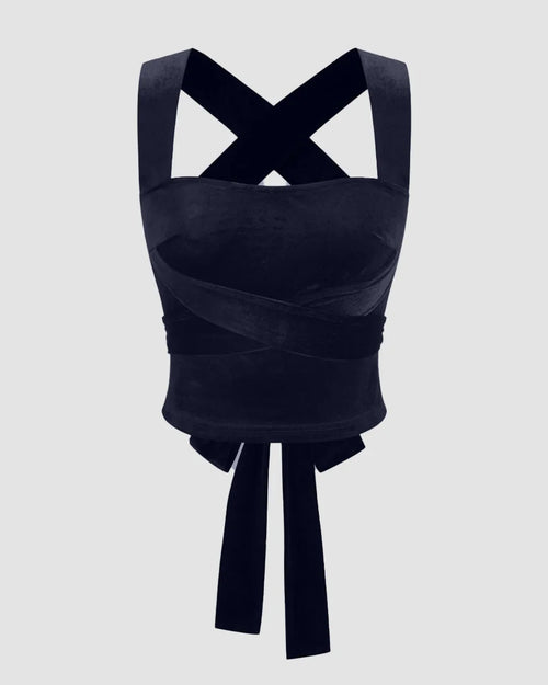 Velvet Square Neck Solid Criss Cross Knotted Crop Tank Top in Navy Blue