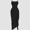 Straight Neck Slim Fit Asymmetrical Hem Pleated Sleeveless Midi Dress in Black
