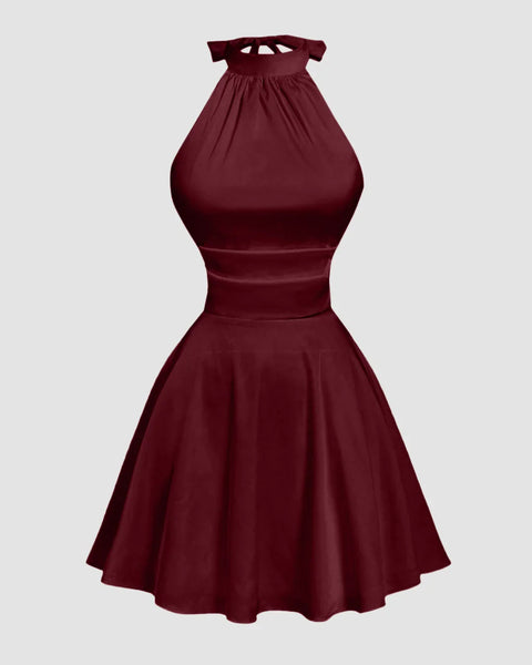 Red Halter Neck Backless Ruched Mini Dress