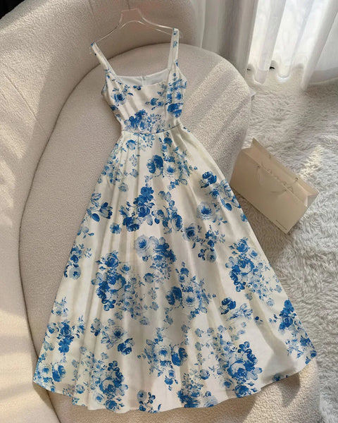 Fit & Flare Floral Square Neck Sleeveless Maxi Dress