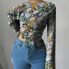 Floral Boat Neck Slim Fit Asymmetrical Hem Full Sleeve Top