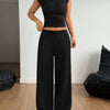 Solid Color Stand Collar Pleated Top and Wide Leg Pants Two Piece Set in Black