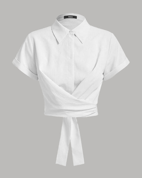 Collared Cross Hem Solid Short Sleeve Back Bow Shirt in White