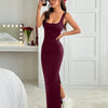 Square Neck Bodycon Twist Back Open Slit Backless Maxi Dress in Burgundy