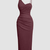 Asymmetrical Neck Slim Fit Solid Sleeveless Pleated Midi Dress in Maroon