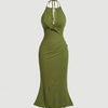 Halter Neck Slim Fit Solid Front Tie Backless Maxi Dress in Green