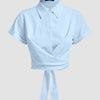 Collared Cross Hem Solid Short Sleeve Back Bow Shirt in Light Blue