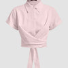 Collared Cross Hem Solid Short Sleeve Back Bow Shirt in Pink