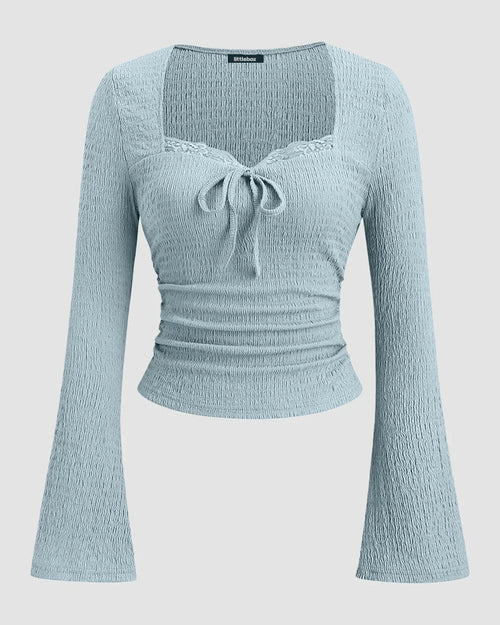 Sweetheart Neck Textured Lace Trim Flared Sleeve Fitted Tie-Bow Top in Sky Blue