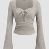 Sweetheart Neck Textured Lace Trim Flared Sleeve Fitted Tie-Bow Top in Light Grey