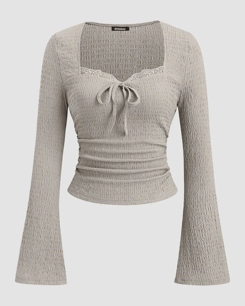Sweetheart Neck Textured Lace Trim Flared Sleeve Fitted Tie-Bow Top in Light Grey