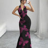 Backless Mermaid Long Dress with Mesh Floral Halter Neck in Black