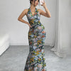 Backless Mermaid Long Dress with Mesh Floral Print Halter Neck