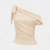 Tie-Up One Shoulder Asymmetric Ruched Sleeveless Cami Top in Beige