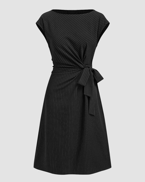 Boat Neck Stripe Knotted Ruched Midi Dress in Black