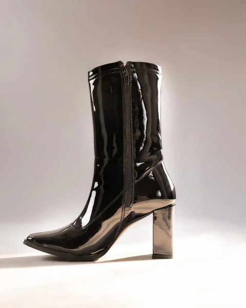 Block Heel Front Zip Solid Mid-Calf Boots in Black