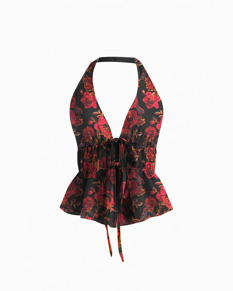 Halter Neckline Floral Knotted Tank Top